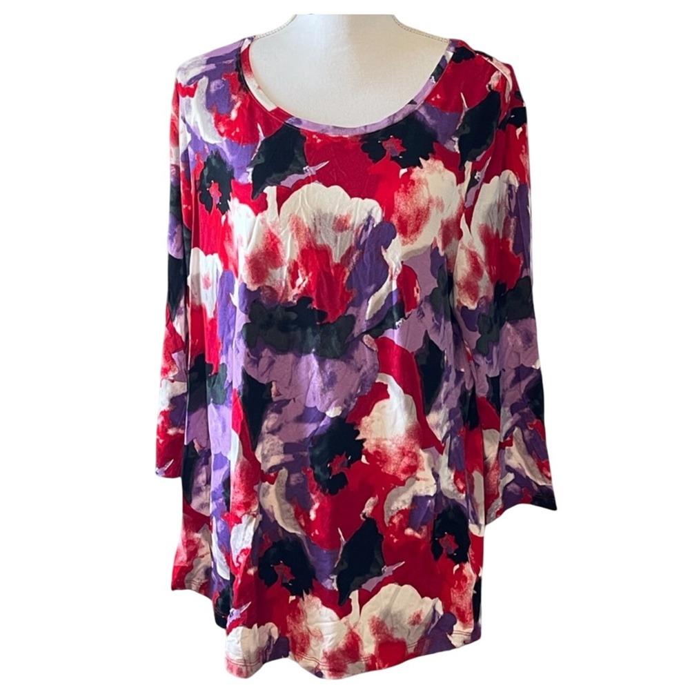 JM Collection Watercolor Floral Print Long Sleeve Top Red Purple Black White NWT